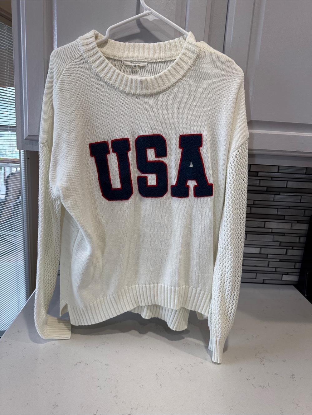 Maurices Cream Crewneck Sweater with Navy & Red USA Patch
